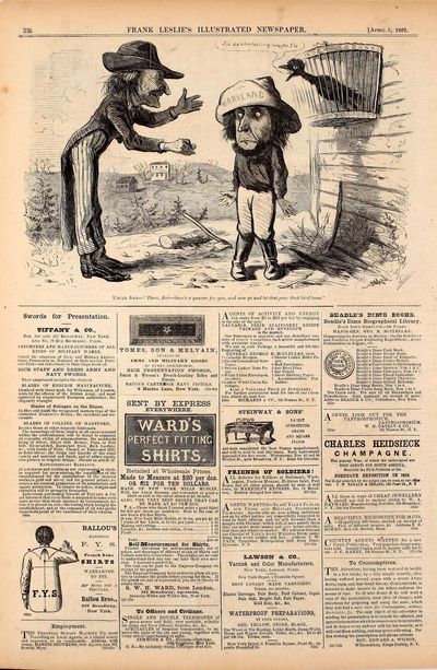 Original engraving of a cartoon from Frank Leslie’s Illustrated Newspaper, April 5, 1862